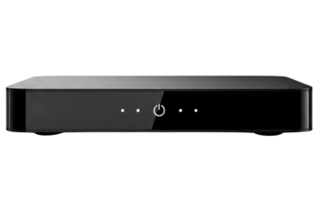 Sleek black set-top box with an illuminated power button isolated on a transparent background