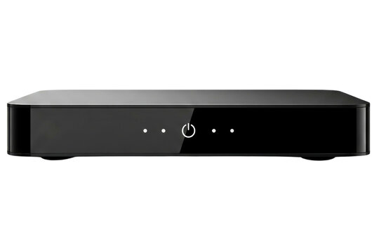 Sleek black set-top box with an illuminated power button isolated on a transparent background