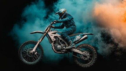 Motocross rider jumps through colored smoke - Powered by Adobe