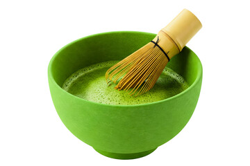 Traditional matcha tea in ceramic bowl with bamboo whisk isolated on a transparent background