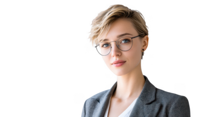 Confident young woman with short blonde hair and glasses. dressed in a grey blazer. posing against a clean white background. embodying professionalism and modern style for corporate or business-relate