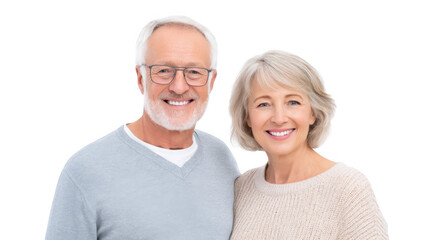 A joyful elderly couple smiling warmly at the camera. standing against a bright white background. embodying love and companionship. perfect for family or relationship-themed projects