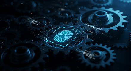 Fingerprint Gears: A close-up shot showcases intricate gears and cogs, featuring a digital fingerprint at the center. It speaks to the theme of security and access.