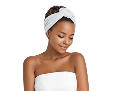 A serene young woman with a stylish headband and a towel draped around her shoulders. showcasing a natural beauty routine in a bright. minimalistic setting. perfect for wellness and skincare promotion