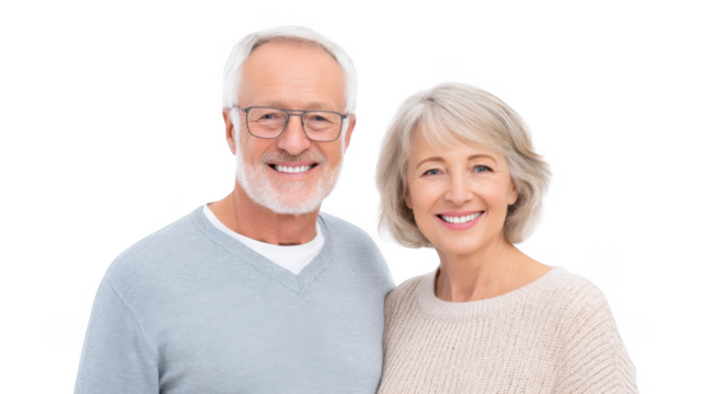 A joyful elderly couple smiling warmly at the camera. standing against a bright white background. embodying love and companionship. perfect for family or relationship-themed projects - Powered by Adobe