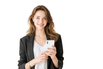 A young woman with long hair smiles while holding a smartphone. dressed in a stylish blazer against a clean white background. suggesting confidence and modern communication
