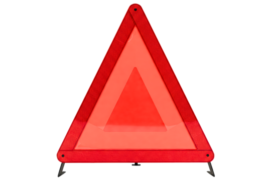 Red reflective warning triangle for roadside emergencies isolated on a transparent background