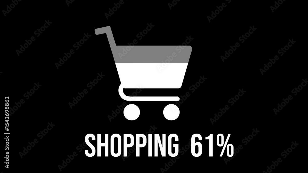 Poster filled shopping cart icon with animated percentage counter and the word shopping