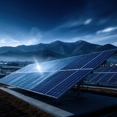 Solar panels on a rooftop at dusk with mountains in the background