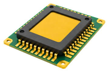 Electronic microchip on a green circuit board with gold pins isolated on a transparent background