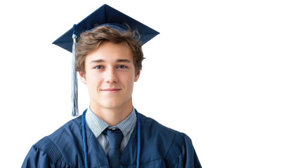 Young male graduate in cap and gown smiling confidently against a plain background. symbolizing achievement and future opportunities. suitable for educational or celebratory themes