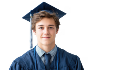Young male graduate in cap and gown smiling confidently against a plain background. symbolizing achievement and future opportunities. suitable for educational or celebratory themes