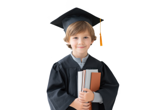 A young child in a graduation cap and gown proudly holds books. standing against a plain background. symbolizing achievement and future potential in an educational setting