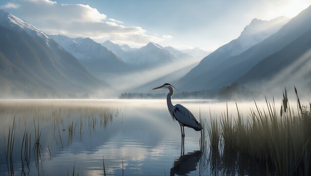 Standing Heron in Misty Lake at Sunrise with Mountain Backdrop