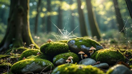 Fototapeta premium Mushrooms and Mossy Rocks in Forest with Cobweb Backlit by Sunlight