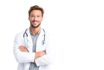 Fototapeta premium A confident male doctor in a white lab coat stands with arms crossed. smiling warmly at the camera. set against a clean. white background. ideal for healthcare and medical-related themes
