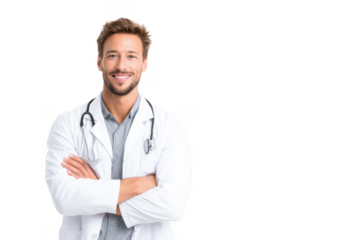 A confident male doctor in a white lab coat stands with arms crossed. smiling warmly at the camera. set against a clean. white background. ideal for healthcare and medical-related themes