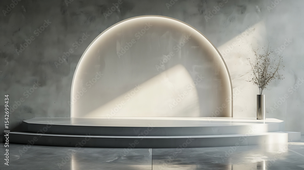 Aufkleber a minimalist interior features a curved archway and a two tiered platform with a vase of dried branc