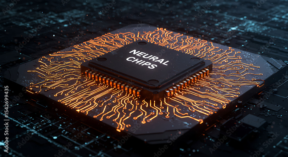 Poster neural chip: a close-up view of a high-tech computer chip. the words 