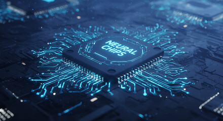 Neural Chips and Advanced Technology: A close-up, high-tech rendering of neural chips embedded in a complex circuit board, with data flowing through intricate pathways.