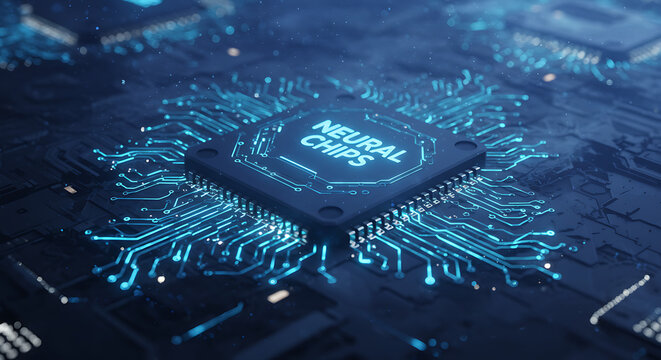 Neural Chips and Advanced Technology: A close-up, high-tech rendering of neural chips embedded in a complex circuit board, with data flowing through intricate pathways.