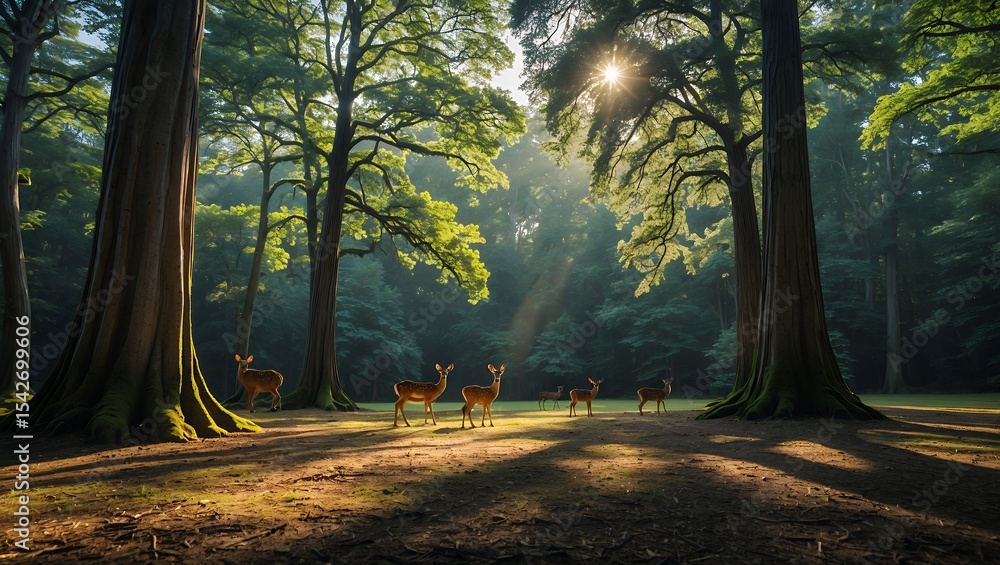 Poster deer grazing in a forest with sun rays filtering through trees