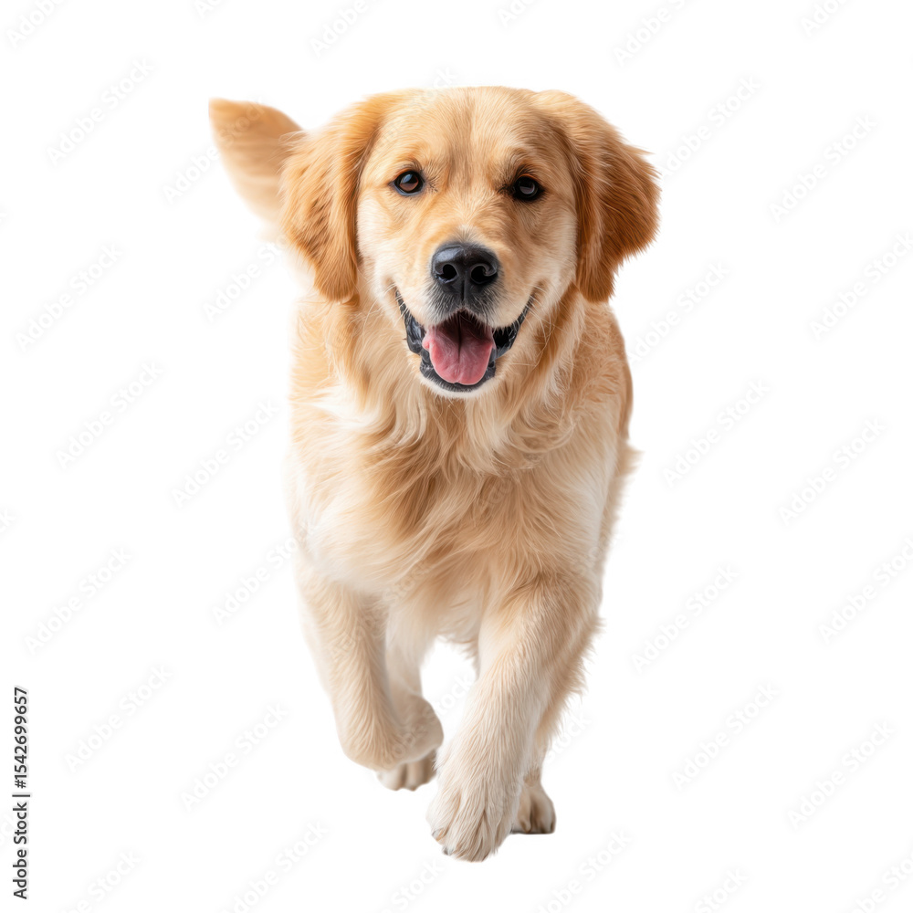 Poster a joyful golden retriever running towards the camera in a bright. clean studio setting. showcasing i