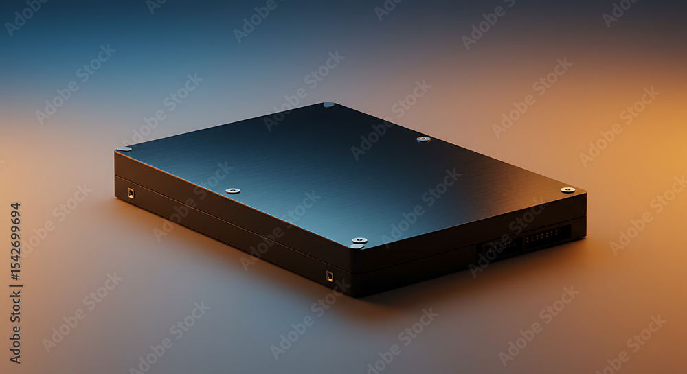 Poster modern hard drive: a sleek, high-tech hard drive, bathed in a gradient of blue and orange light, sym