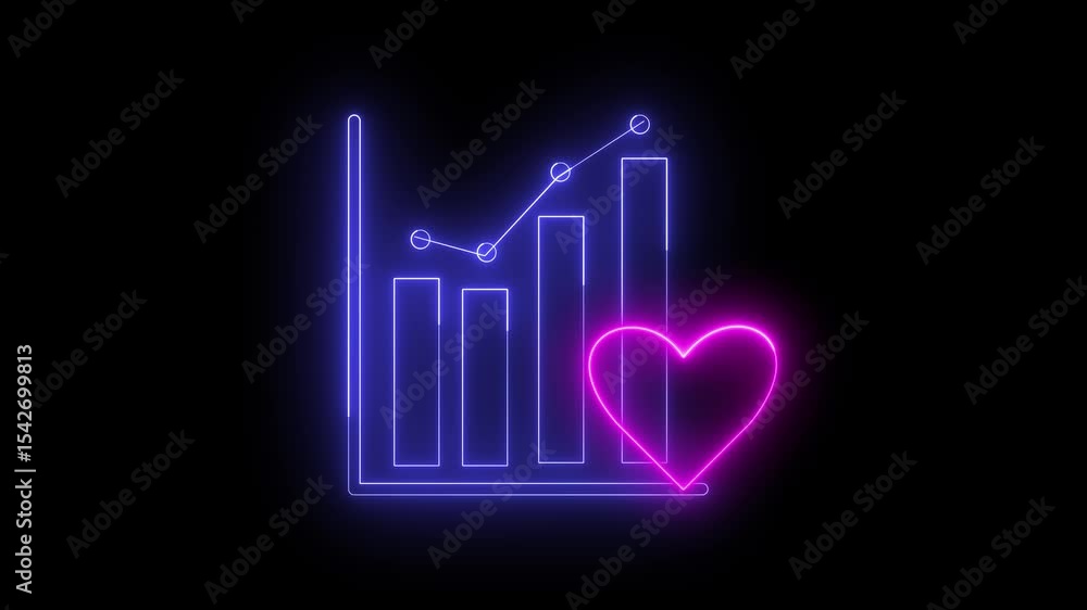 Poster animation of a bar and line graph icon with a heart, with a neon effect