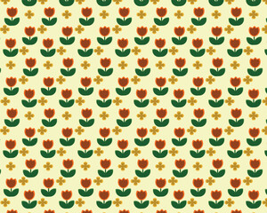 Seamless Pattern with Orange Tulips and Clover Flowers