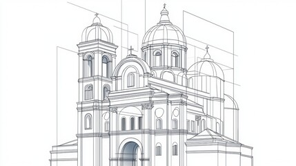 Simple Line Drawing of a Monumental European Church with High Fidelity Details