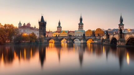 Fototapeta premium Historic Charles Bridge in Prague with Reflections at Dawn's Golden Hour