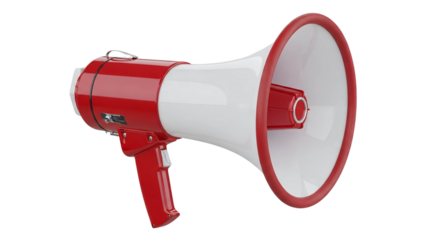 A red and white megaphone, angled, ready to amplify a message.