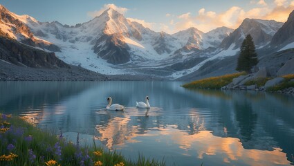 Swans swimming on serene lake with mountain and sky reflection