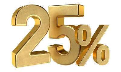 Glossy Gold 25 Percent Off Symbol on Transparent Background


