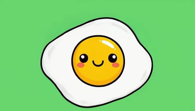Cute cartoon fried egg with a smiling face on a green background. Perfect for kids' menus, recipe blogs, or breakfast-themed projects.