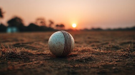 Cricket ball at sunset on dusty field