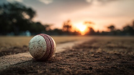 Used cricket ball at sunset on pitch