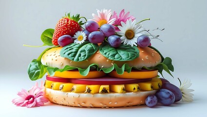 birthday cake with strawberries | Fruit and Flower Burger with Fresh Greens &ndash; Creative Healthy Food Concept