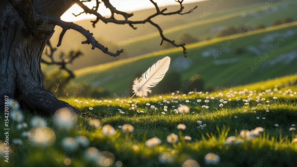 Poster floating feather in a meadow with daisies and a tree
