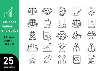Business Values & Ethics Line Art Vector Editable Icon Set. 25 Modern Thin Line Illustrations for Corporate Integrity, Trust, and Responsibility.