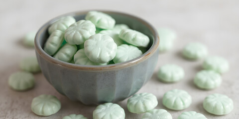 Pale Green Mint Candies in a Dark Grey Bowl