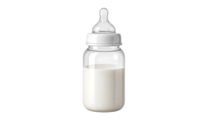 A clear baby bottle filled with milk, ready for feeding.