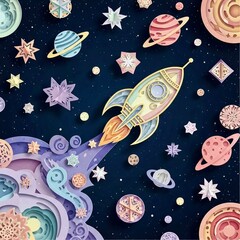 Obraz premium Paper cut flying rocket ship with stars and planets