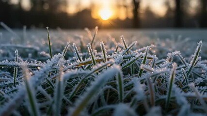 Frost-covered grass glistens in the early morning light, with a soft sunrise illuminating the background - Powered by Adobe
