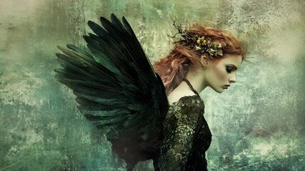 Ethereal Woman with Red Hair and Black Wings in Cinematic Video Clip