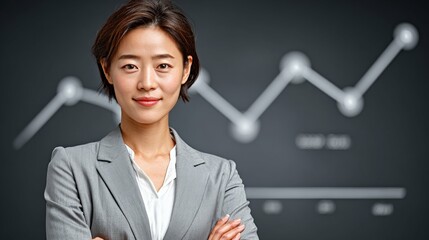Confident Asian Businesswoman with Financial Chart: A determined Asian businesswoman confidently stands before a detailed financial chart. This image showcases a smart.