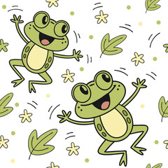 Cute playful frog seamless pattern for children textile fabric, wallpaper design