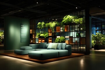 Modern furniture showroom, lush greenery