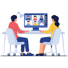 Online Video Conference Illustation. Vector illustration of A man and a woman participating in an online group video conference together. Isolated on background